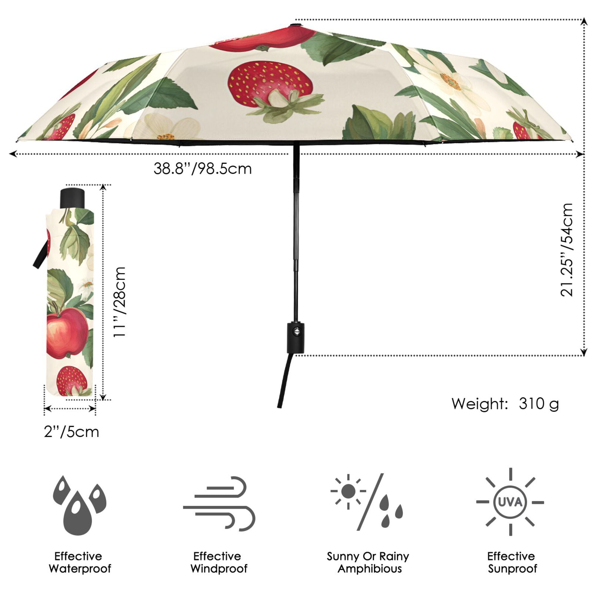 FORMRS Travel Umbrella Folding Auto Open Close Windproof Rain UV Protection, Apple Leaves Pattern