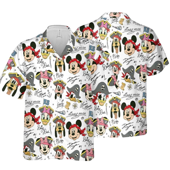 Disney Pirate Mickey & Friends Signature Hawaiian Shirt, Minnie Goofy Donald Daisy Pluto Hawaii Shirt, Pirate Disney Cruise Trip Button Tee