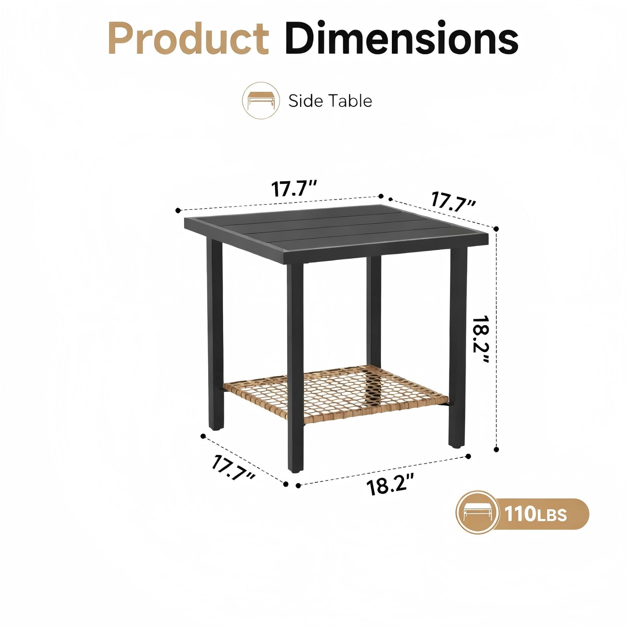 Deersky Outdoor Side Table, 17.7" Square Patio Coffee Table with Lower Wicker Shelf, All-Weather Metal Frame Table for Porch, Balcony, Backyard, Black