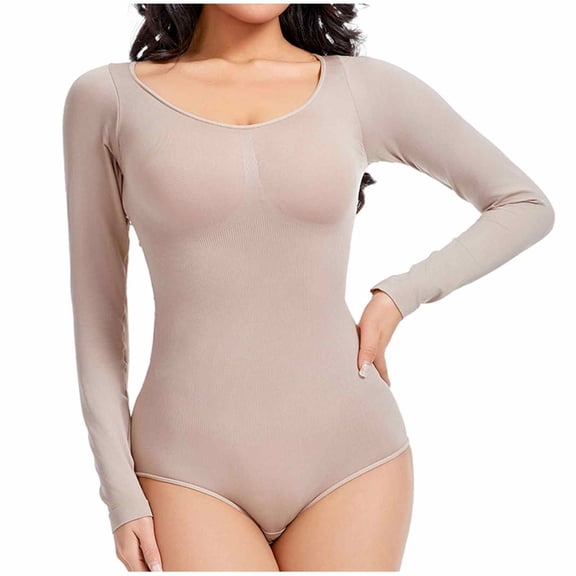 Riecok Bodysuits for Women Long Sleeve High Waisted Stretchy Seamless Jumpsuits Solid Lightweight Crewneck Workout Shapewear