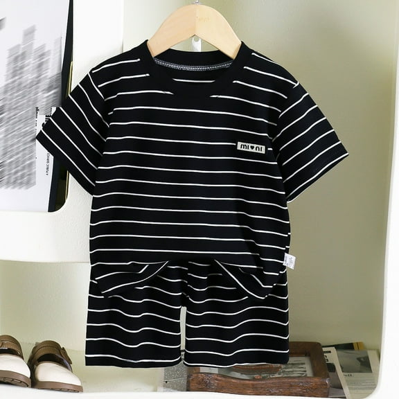 Toddler Boy Outfits Kids Toddler Boys Summer Striped Breathable Casual Outfit Short Sleeved Shirt and Shorts Two Piece Suit Baby Boy Outfit Black 2 Years-3 Years