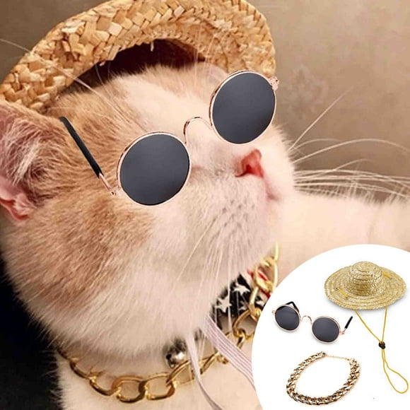 RKSTN Animal Necklace Pet Fashion Accessories Set Sunglasses Dog Necklace Straw Hat Cat Supplies Set of Three