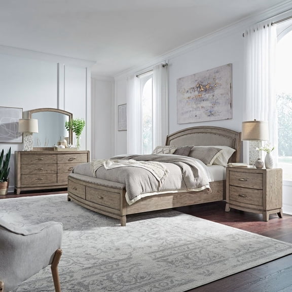 Liberty Furniture Avalon King Upholstered Storage Bed, Dresser & Mirror, Night Stand