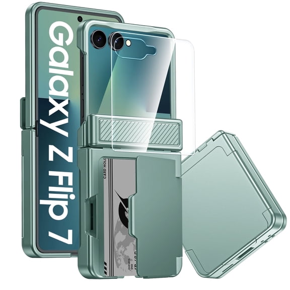Oupeigar for Samsung Flip 7 Phone Case with Card Holder [RFID Blocking]&Hinge Protection & Screen Protector, Shockproof Phone Case-Mint Green