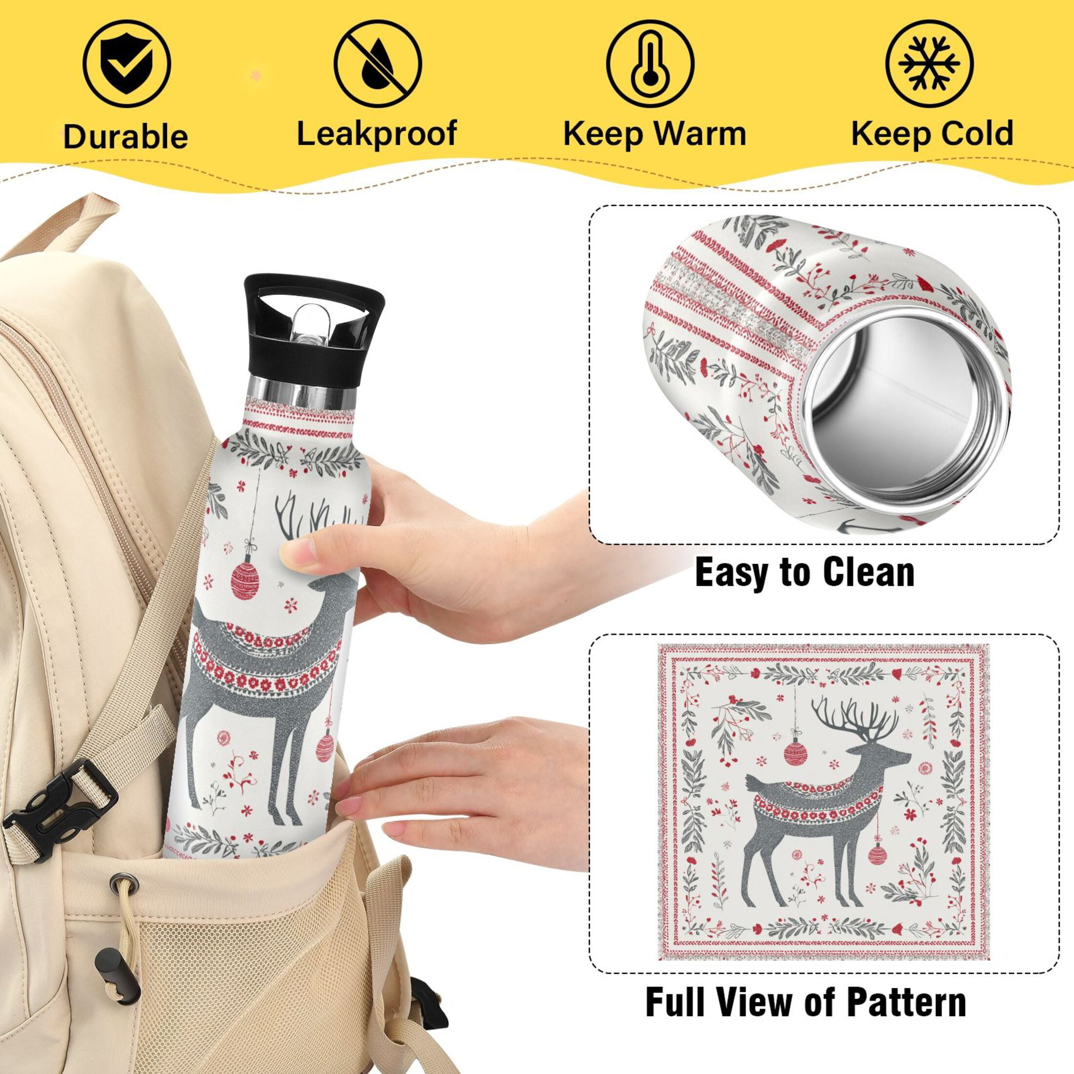 600ML Stainless Steel Insulated Cup Sports Water Bottle Portable Thermos Cup Water Glasses Insulated Tumblers Convenient and Durable Reindeer Pattern