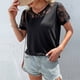 thumbnail image 2 of Moda de las mujeres de Manga Corta Camiseta de Encaje de Empalme Cuello Redondo Atractivo Agradable A La Piel Femenina T Shirt Top Negro S, 2 of 8
