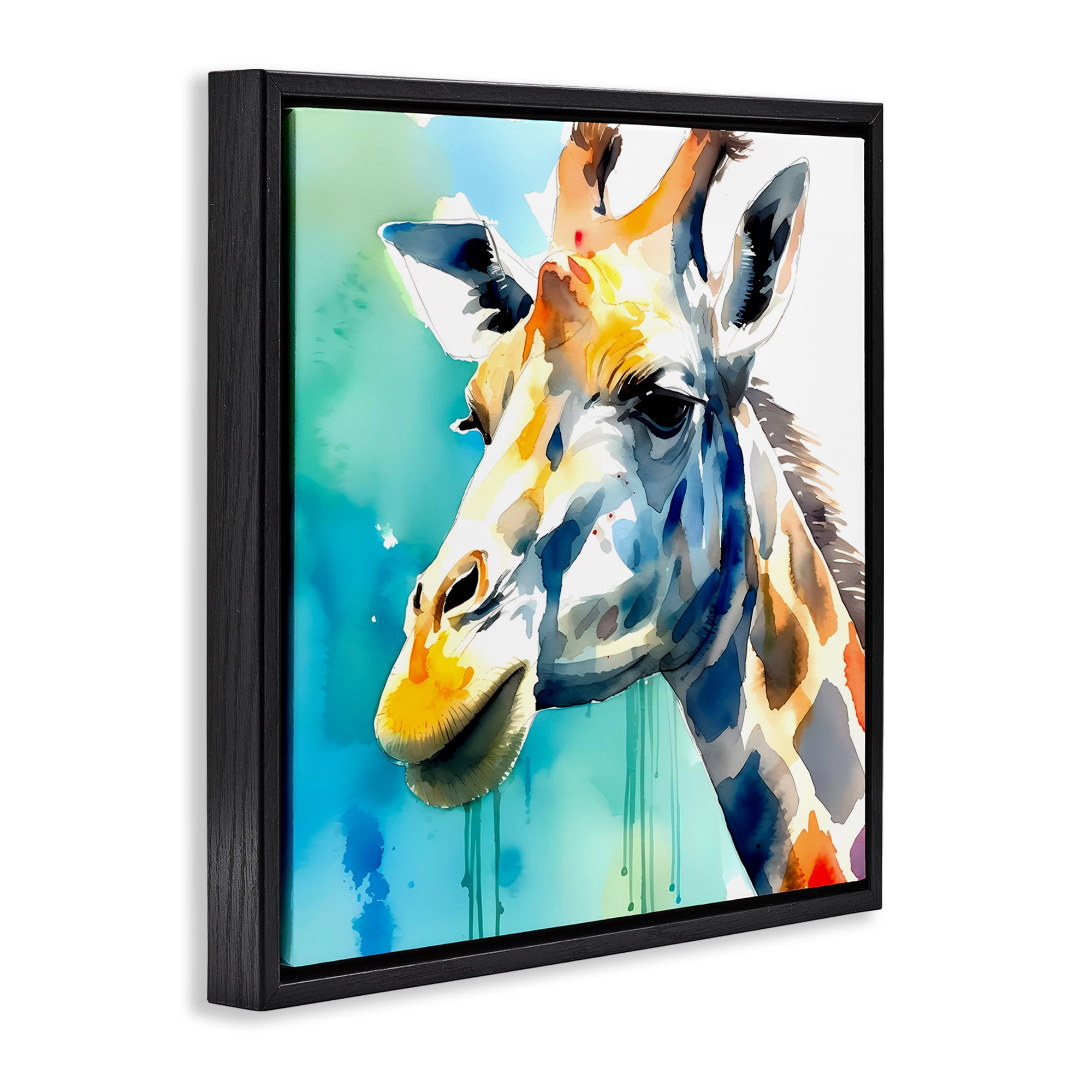 Stupell Industries Giraffe with Blue Splash Animals & Insects Painting Black Floater Framed Canvas Art Print Wall Art, 25 x 25