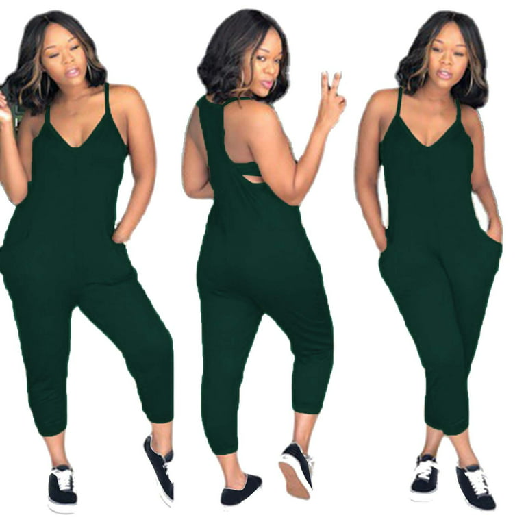 EHQJNJ Jumpsuits for Women Shorts Elegant Womens Solid Camisole Jumpsuits V  Neck Sleeveless Rompers Casual Jogger Rompers With Pockets Yoga Jumpsuit  Tummy Control Not Ribbed Workout Jumpsuit 