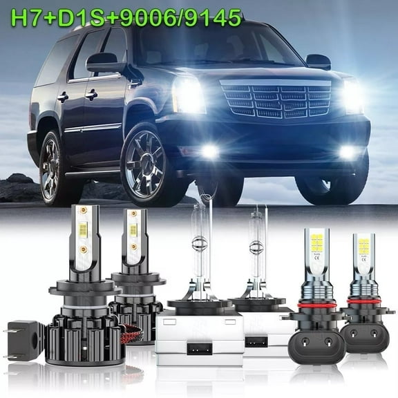 For Cadillac Escalade 2007 2008 H7 D1S LED/HID Headlight Hi-Lo beam   9006 Fog Light Bulbs Kit White 6x