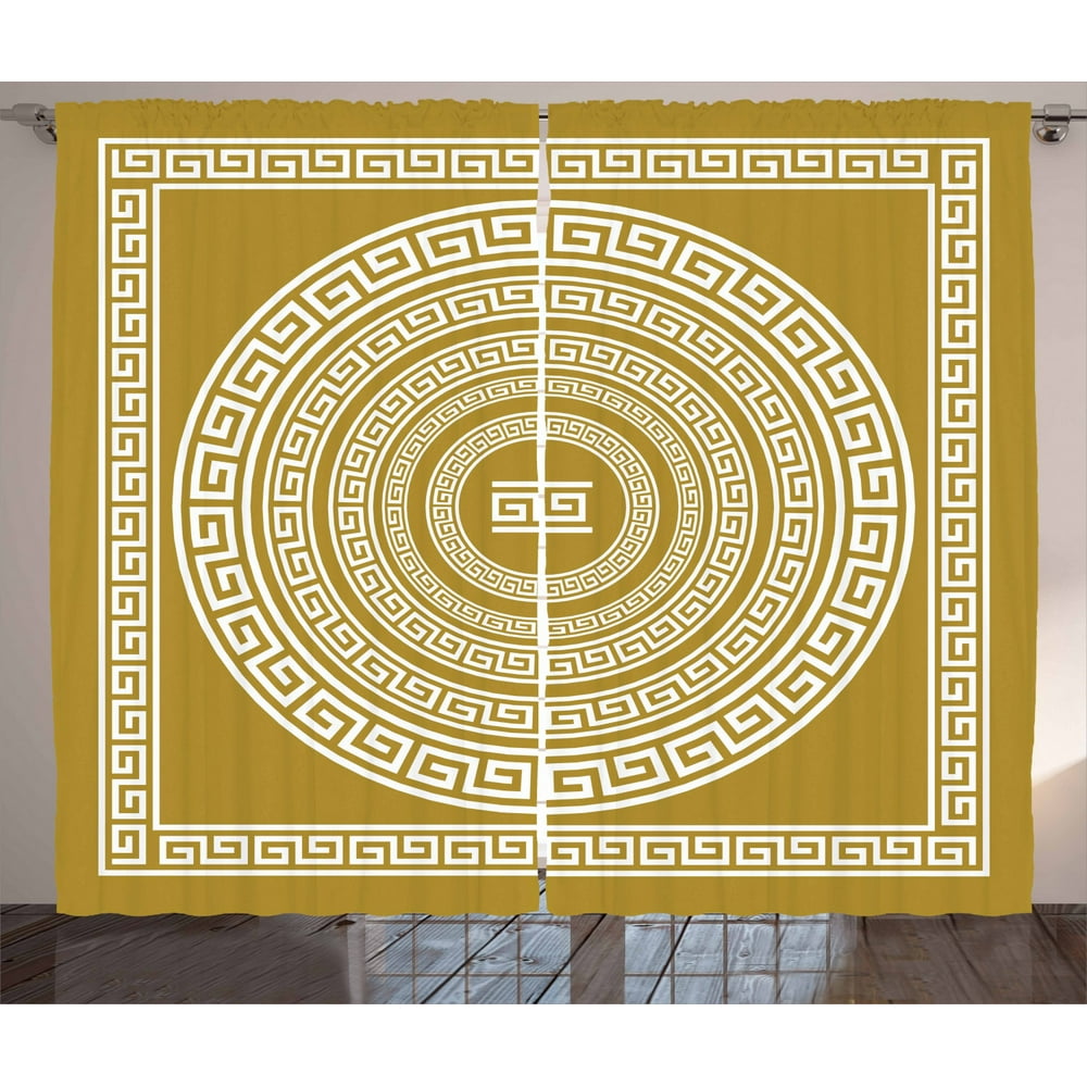 Greek Key Curtains 2 Panels Set, Frieze with Vintage Ornament Meander