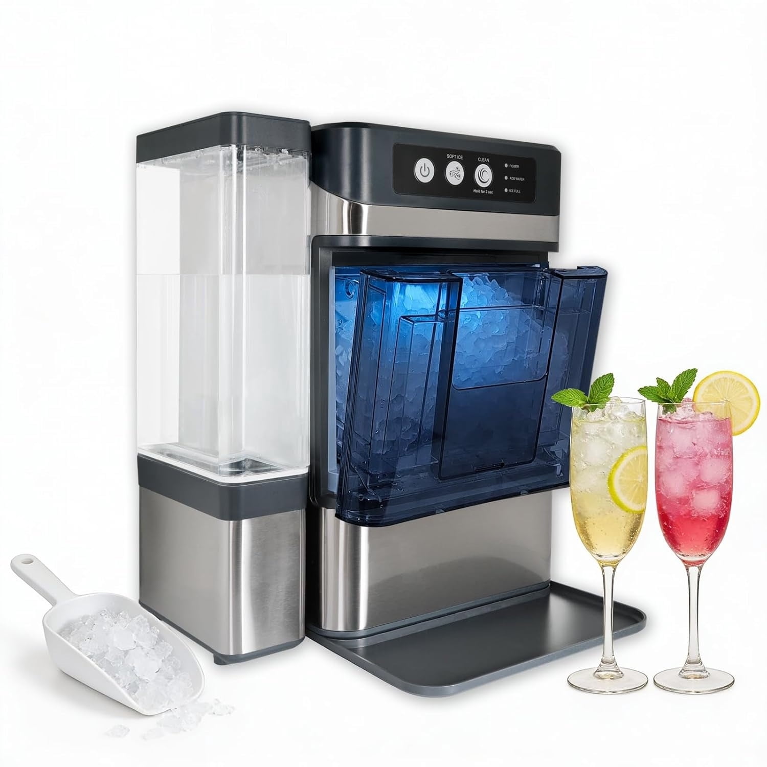 Nugget Ice Makers Countertop 42lbs/Day Large Capacity One-Click Operation Self-Cleaning Portable Ice Maker with A Detachable 3L Water Tank Scoop Included Ice Machine for Home/Kitchen/Office