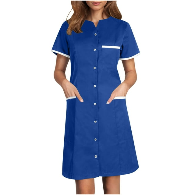 Vente Flash! Robe de Scrubs Bocqde pour Femmes Infirmières Uniforme de Travail Manches Courtes Boutonnée avec Poches