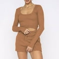 thumbnail image 2 of Womens 2 Piece Outfits Long Sleeve U Neck Crop Top and Shorts Matching Lounge Set Loungewear Sweatsuit Pajama Set, 2 of 7