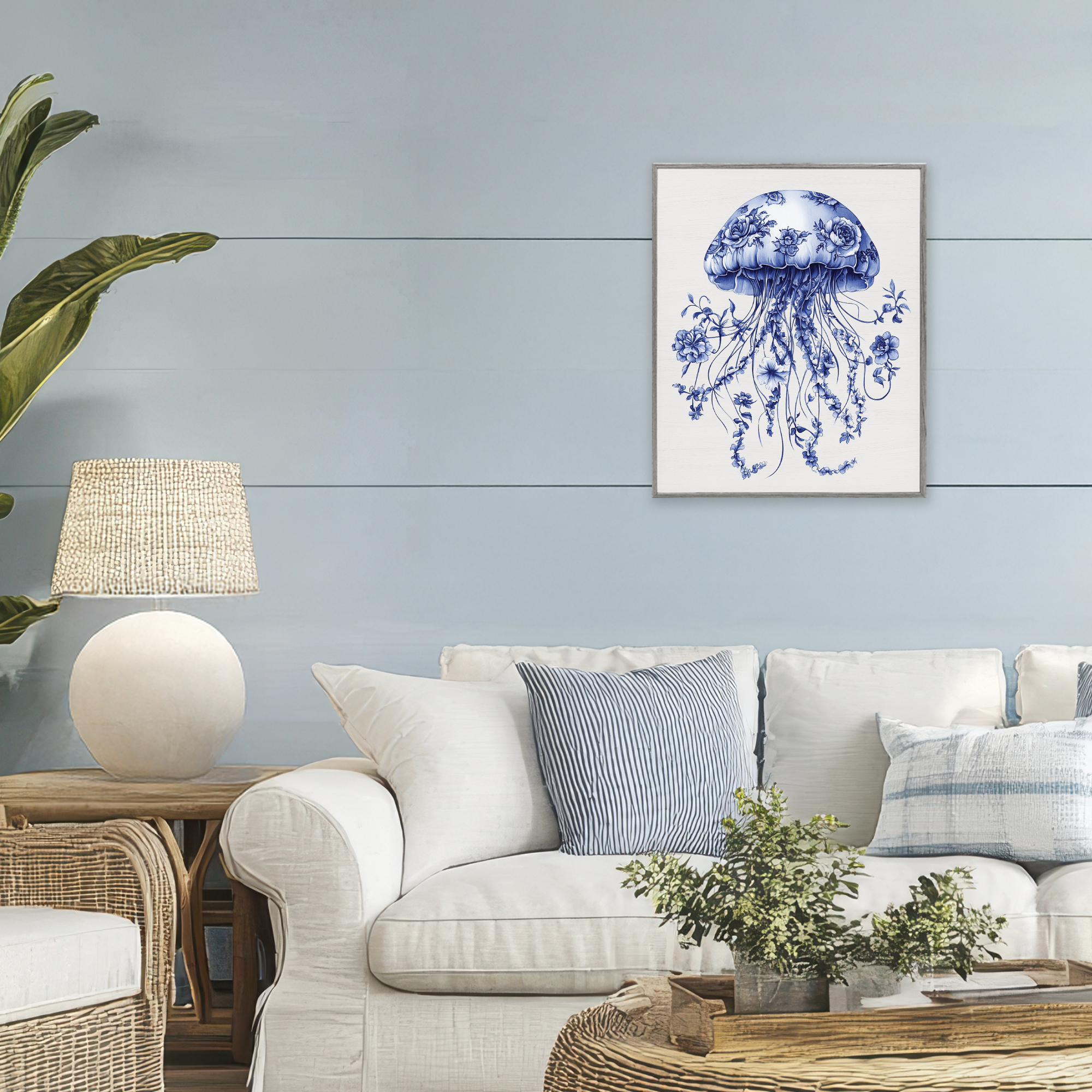 Funky Vintage Toile Jellyfish Gray Framed Giclee Art, design by Lettered and Lined