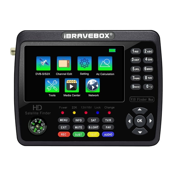 iBRAVEBOX V10 Détecteur Max HD Satellite TV Détecteur de Signal DVB-S//S2X Compteur de Signal Numérique Portatif Détecteur Satellite H.265 4.3 Pouces LCD pour Ajuster Antenne Satellite Noir Prise US
