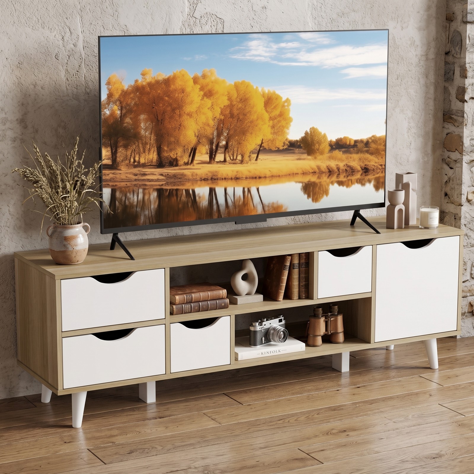 Furnibear TV Stand for TVs up to 55 Inch, Wood Entertainment Center Media Console with 4 Drawers and 2 Open Shelves, Adjustable Shelf, 6-Point Structure, Oak