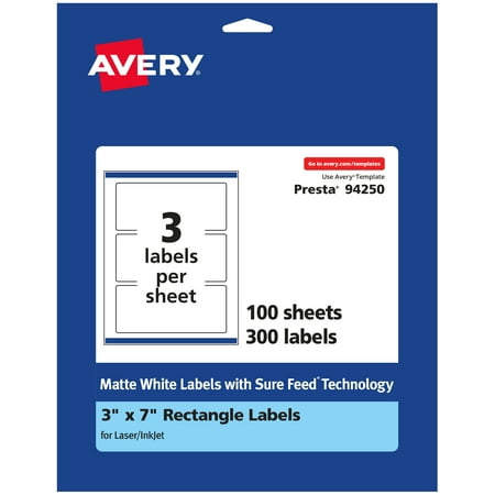 UPC: 0194793025019 | Avery Matte White Rectangle Labels with Sure Feed  3  x 7   300 Matte White Printable Labels