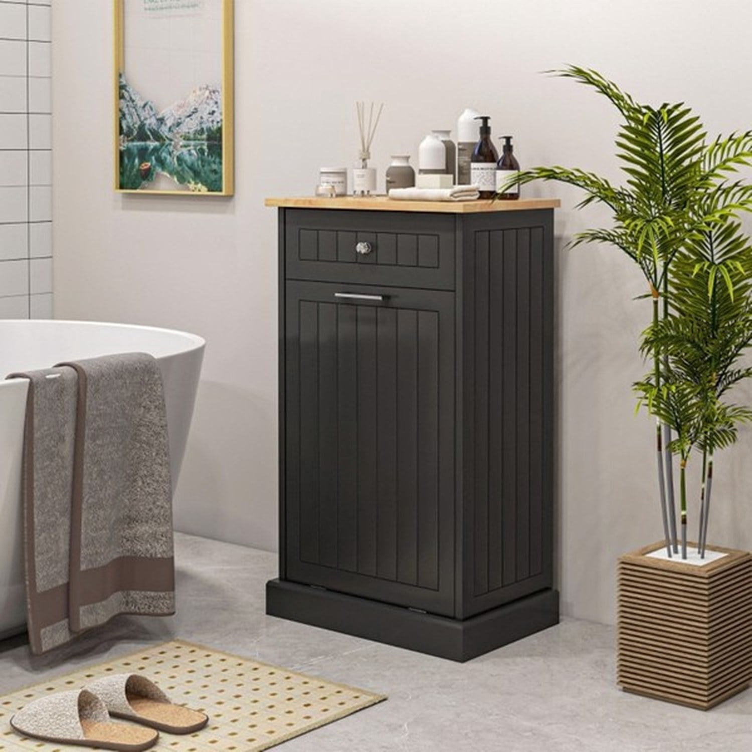 Tilt Out Trash Bin Cabinet with Drawer, Free Standing Recycling Can Holder, MDF and Wood, 20 in W x 13.25 in D x 35.5 in H, for Kitchen, Hallway, Laundry Room