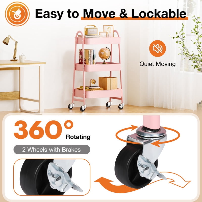 Gianna 3‑Tier Utility Rolling Cart Metal, 3‑Tier Slim Storage Design, Lockable Wheels, Pink