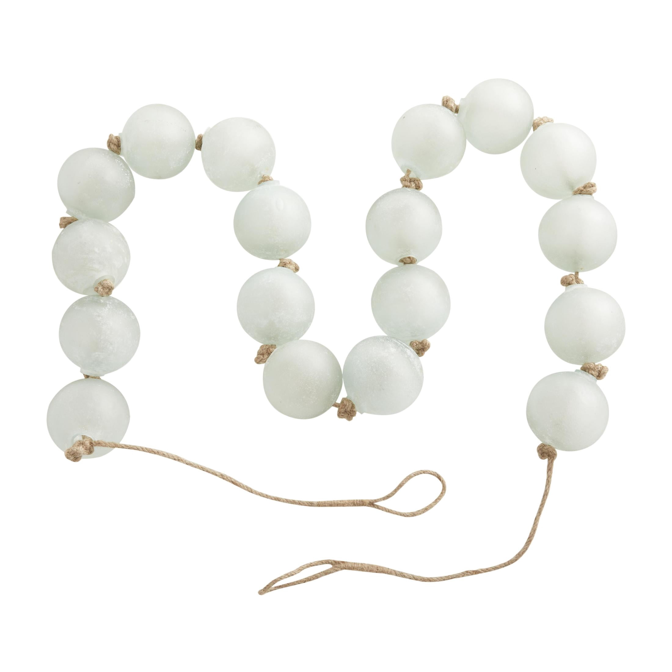 DecMode Handmade Round Extra Long Frosted Orb Teal Glass Garland with Tassel with Knotted Jute Rope