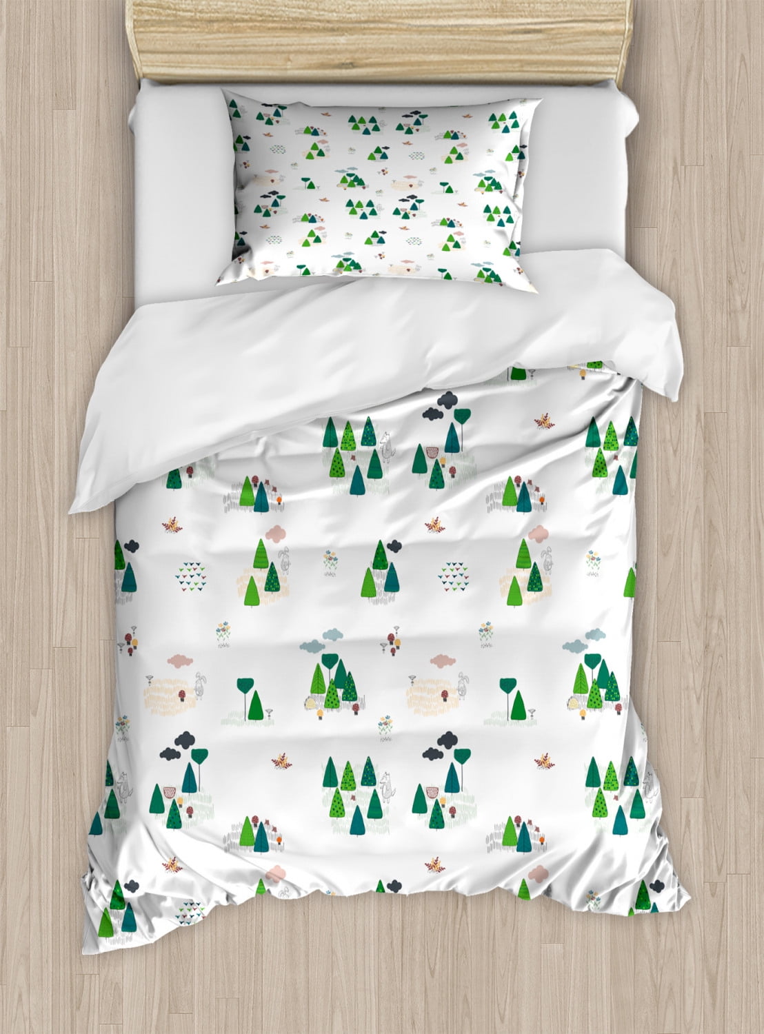 Forest Duvet Cover Set, Scandinavian Inspired Trees Clouds and Woodland Animals, Decorative