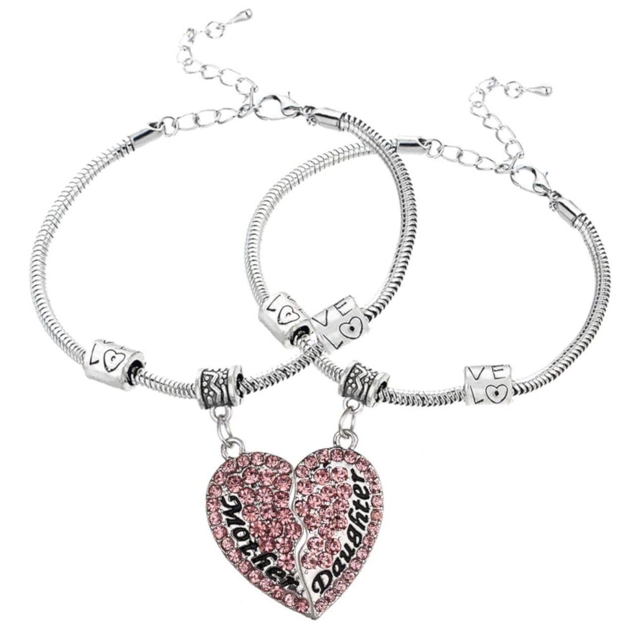 2 Pcs. Mother Daughter Anti-Tarnish Pink Crystal Heart Bracelets SilverTone J-277-P