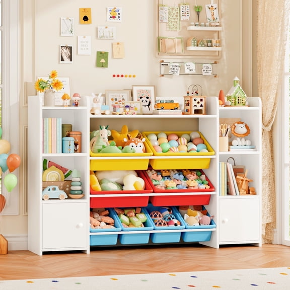 Homfa Kids Toy Storage Organizer Shelf with 8 Cube Storage Bins, White Kids Bookcase, Wood Toy Boxes for Playroom, White/ Primary