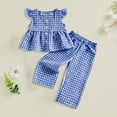 thumbnail image 2 of Gubotare Summer Girls Outfit Girls 2 Piece Outfits Short Sleeve Ruched Drawstring Crewneck Tops and Wide Leg Pants with Pockets Tracksuit Set 4T 5T (Blue,4-5 Years), 2 of 6