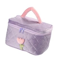 1Pc Corduroy Makeup Bag Large Cosmetic Bag Aesthetic Cute Tulip Flower Pattern Makeup Bag Purple