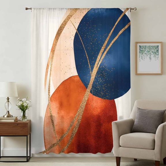 Navy Blue Burnt Orange Sheer Curtains 54 Inches Long, Geometric Modern Boho Art Light Filering Curtains, Breathable Simi Curtain Privacy Drapes for Kitchen Bathroom Nursery Small Window Treatment