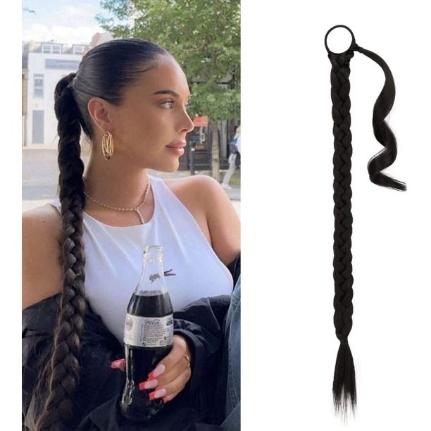 Extensión de cola de caballo trenzada de 80 cm de largo con lazo para el cabello Extensiones de cabello de cola de caballo recta envolvente DIY Postizo sintético suave natural para mujeres