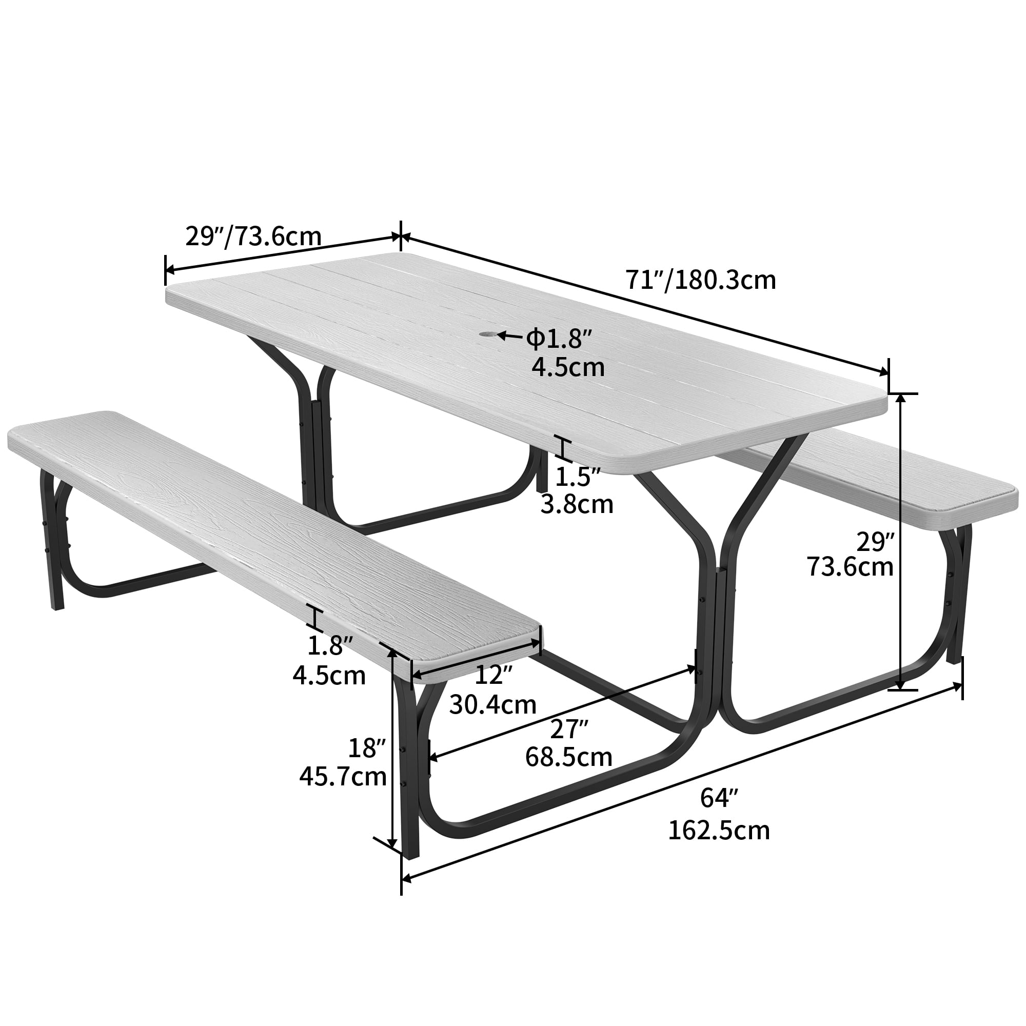 Dextrus Picnic Table Bench Set 6 ft Outdoor Camping with Umbrella Hole, White
