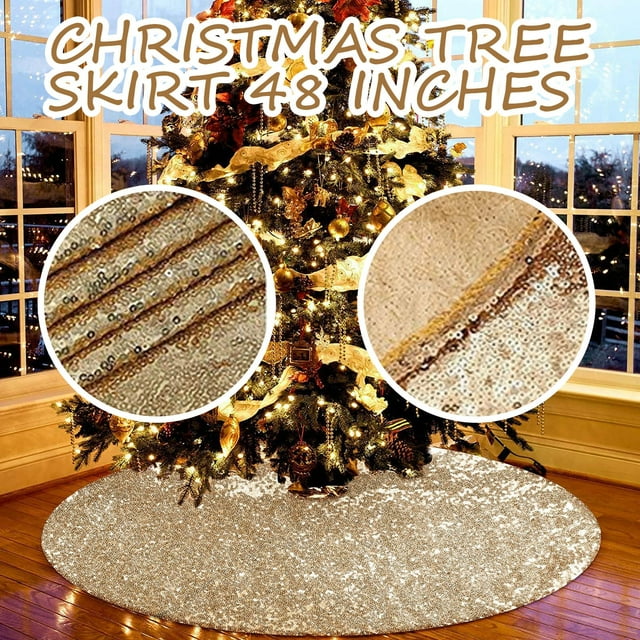 LSLJS Christmas Tree Skirts, A Gittering Christmas Ornament for A 48-Inch Large Gold Sequin Tree Dress, Christmas Decorations