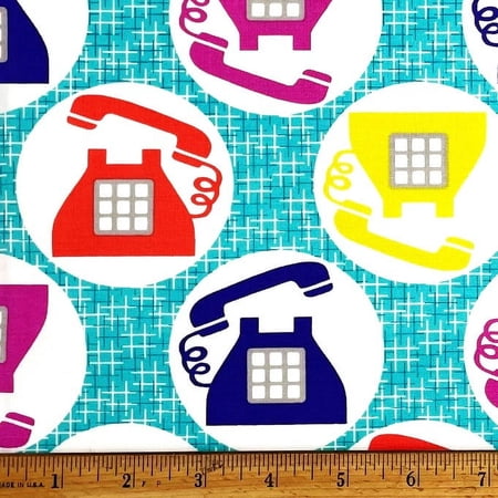 1 Fat Quarter - Colorful Classic Telephones on Turquoise Blue Cotton Fabric - 21" X 18"