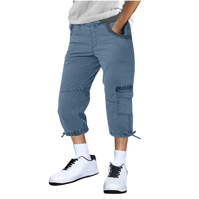 Capris, Mens Fashion Solid Drawstring Elastic Waist Pocket Casual Sweat Capris Pants