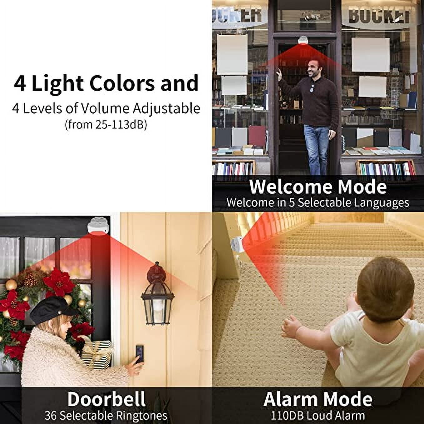 NineLeaf Motion Sensor Alarm, Motion Sensor Doorbell, Wireless Infrared Home Security, PIR-Powered, Color Light Indicator, Welcoming Doorbell for Shops, Stores, Hotels & Offices (2Receivers 1Sensors)