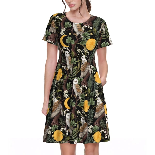 Balery Owls And Plants Vestidos sueltos de manga corta para mujer, vestidos de verano 2025, vestidos casuales de corte A con vuelo.