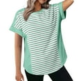 thumbnail image 3 of CQONEPT Striped Shirts for Women 2025 Crewneck Tunic Short Sleeve Tops Summer Loose Fit Comfy Color Block T-Shirt,Purple S-XXL, 3 of 10