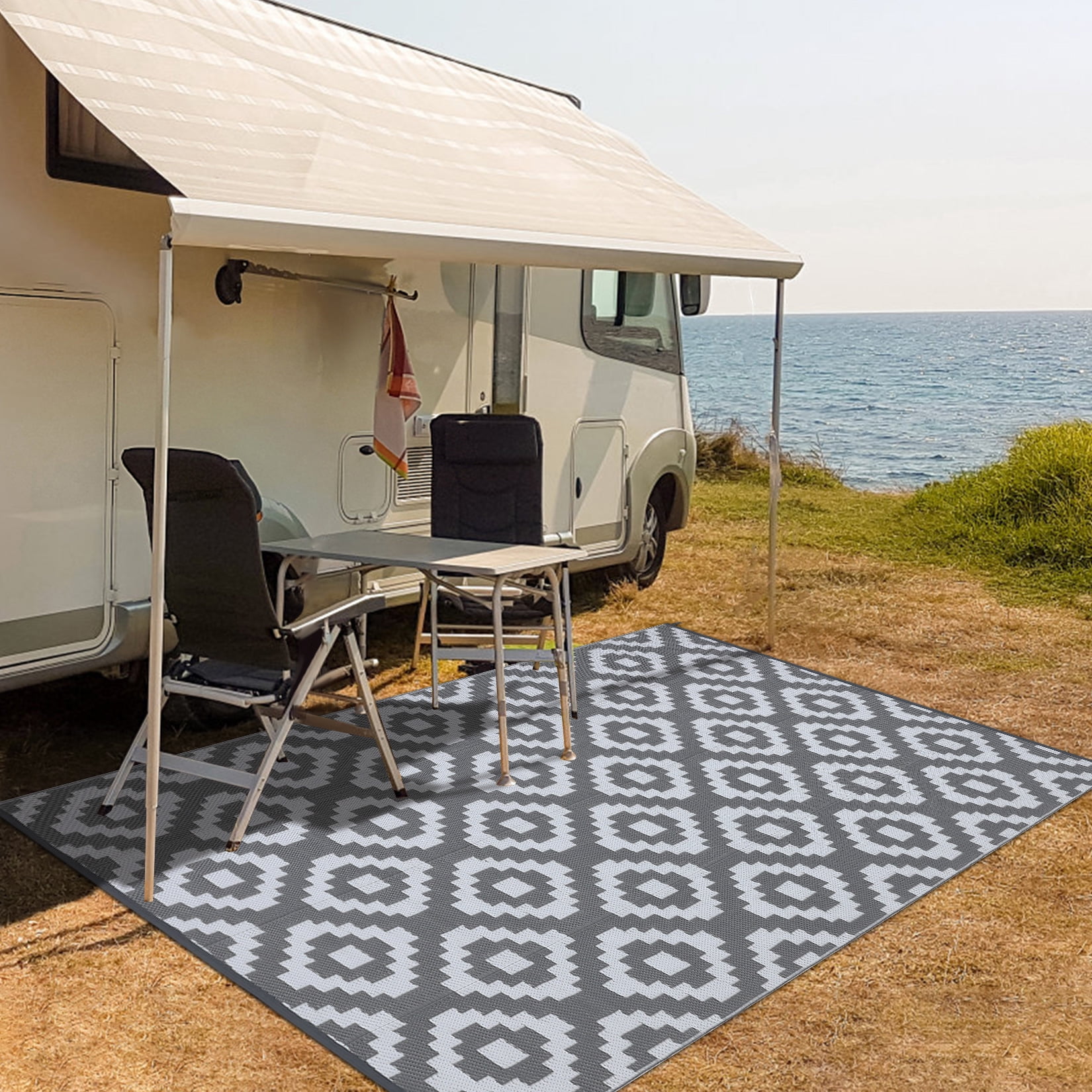 Hasoo Outdoor Rug Portable Premium Recycled Plastic Geometric Pattern for Large Patio Deck Sunroom RV Camping Gray & White 9 x 18 ft