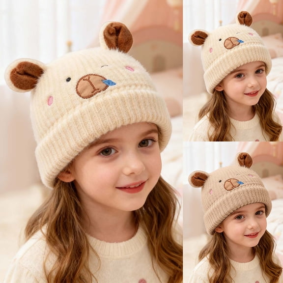 MAIHAN Winter Knit Beanie for Boys Girls Cute Bear Ear Thermal Comfort Thick Caps Kawaii Cold Weather Soft Cable Beanie,Beige