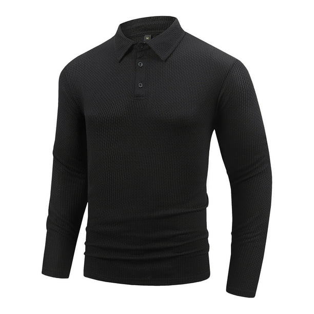 Blusa y camisa de manga larga con cuello vuelto para hombre, camisa deportiva de color liso con solapa y botones, blusa de poliéster de manga larga con solapa para hombre