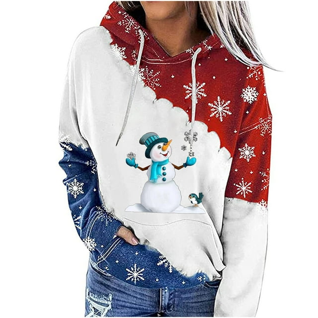 Sweat à Capuche d'Hiver pour Femmes Mode Pull de Noël Hoilidy Mi-Longueur Blouse Ample Chaude Col Rond Cardigan Imprimé Noël