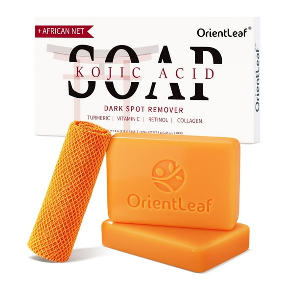 OrientLeaf Kojic Acid Soap with African Net Sponge, Handmade Turmeric Kojic Acid Soap Bar for Face & Body with Glycerin, Olive Oil, and Collagen for Men & Women, 4 oz × 2 Bars