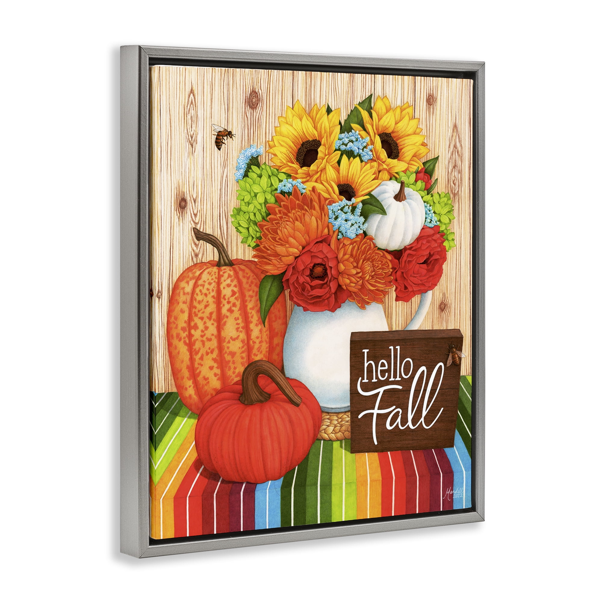Stupell Industries Hello Fall Rainbow Pumpkins Holiday Painting Gray Floater Framed Canvas Art Prints Wall Art, 25 x 31
