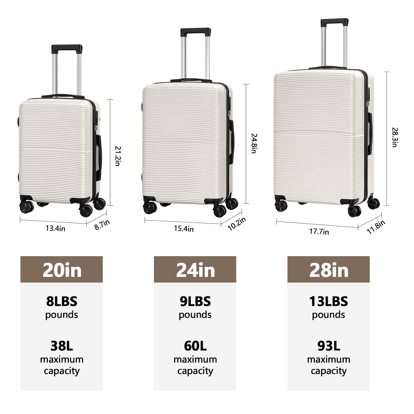 Hardside Spinner Luggage Sets in White, 3 Piece, TSA Lock