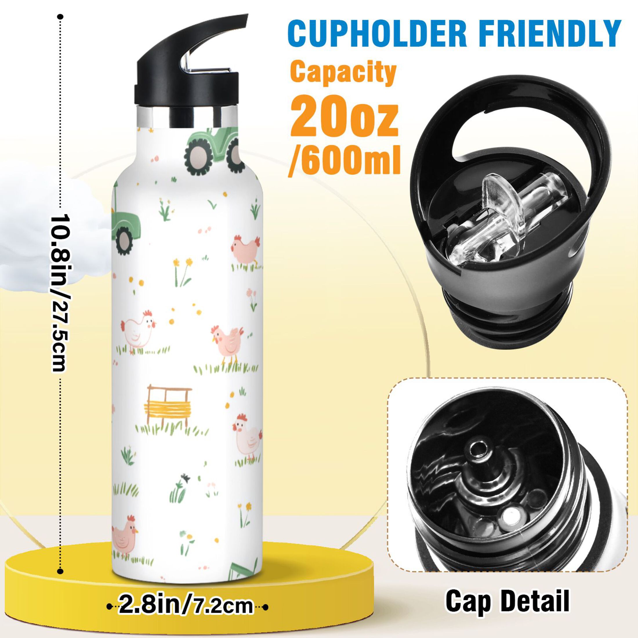 Kids Insulated Stainless Steel Sports Water Bottle 600ml (20oz) Cute Farmyard Pattern