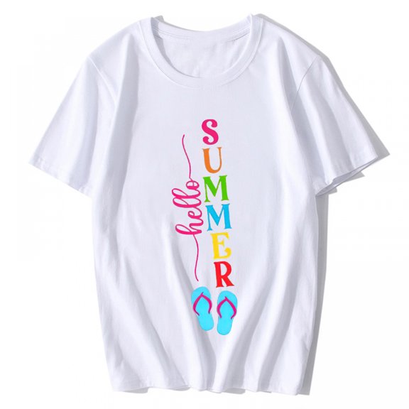 T-shirt for Women Beach Shirt Summer Fancy Shirt Summer Shirts Hello Summer Short Sleeve Top White 3X-Large