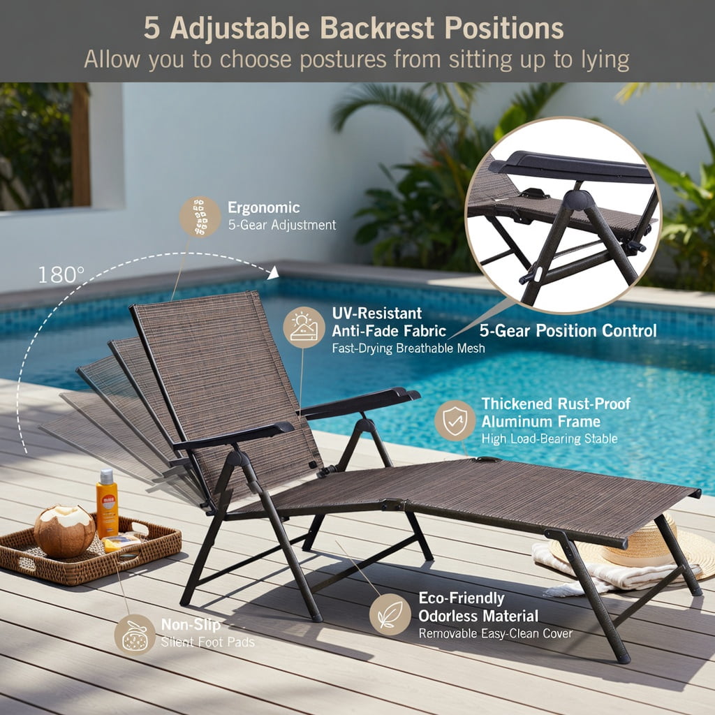 Hommoo Adjustable Outdoor Chaise Lounge Chair, 5-Position Reclining Steel Frame Patio Lounger with Textilene Seat, Tan