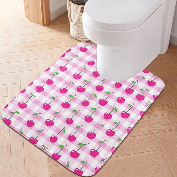 Toilet Rug U-Shaped Bathroom Rugs Non-Slip Soft Plush Machine Washable Contour Bath Mat Cherry on Gingham 24x20