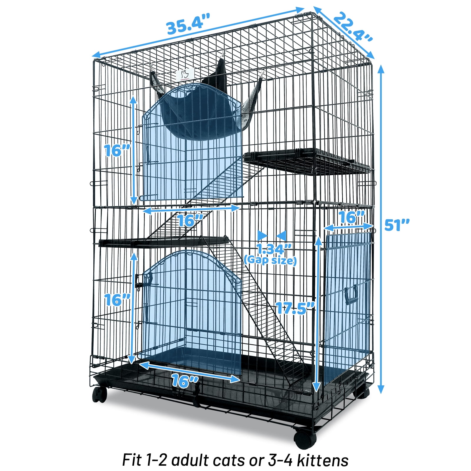 Homey Pet 51 Inch Cat Cages Indoor, 3-Tier Cat Crates for Indoor Cats, Collapsible Metal Wire Large Cat Kennel Big Multi-Level Kitten Crate with Wide Side Door, Plastic Platform, Ramp, 360° Wheel